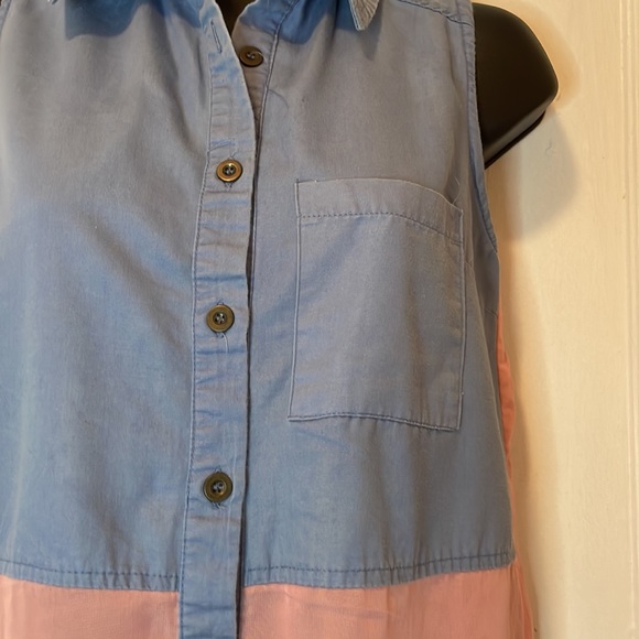 Last Kiss Denim & Sheer Button Down Sleeveless Long Flowy Blouse Top Pink Blue S - Picture 4 of 8